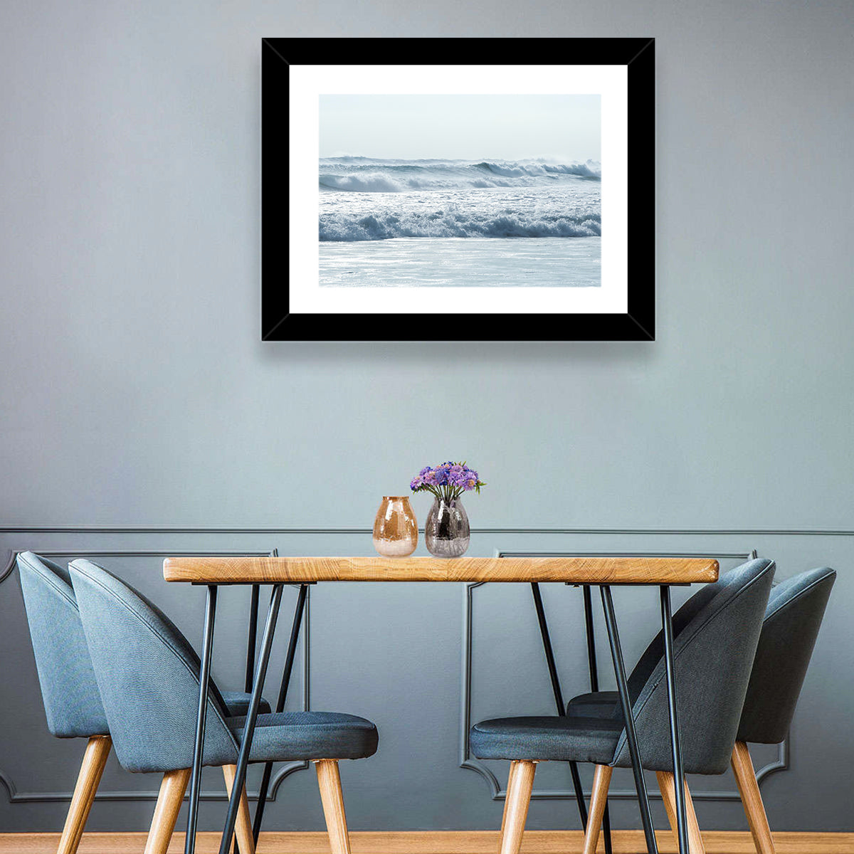 Misty Horizon Ocean Waves Wall Art in a room, landscape