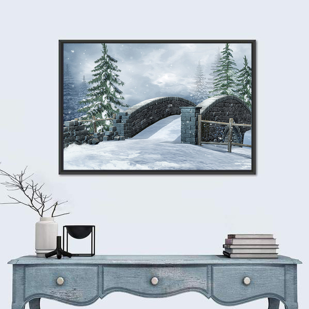 Snowy Stone Bridge in Winter Forest Wall Art in a room, landscape