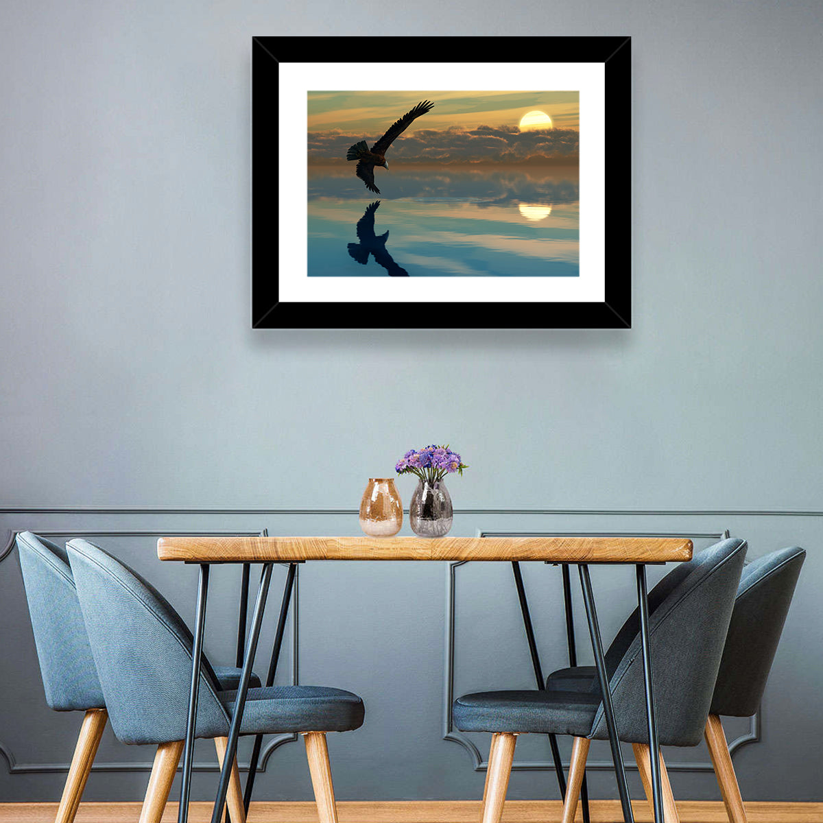 Bald Eagle Sunset Reflection Wall Art in a room, landscape