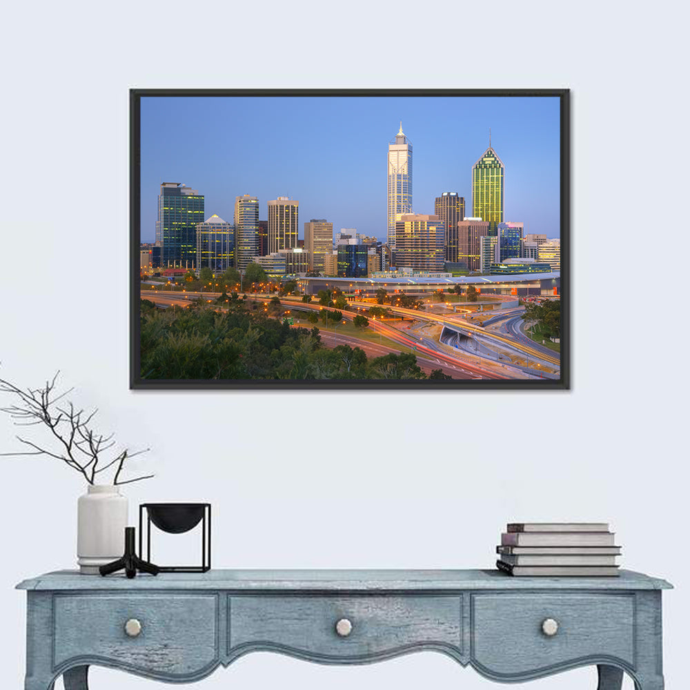 Perth Skyline at Dusk Wall Art in a room, landscape