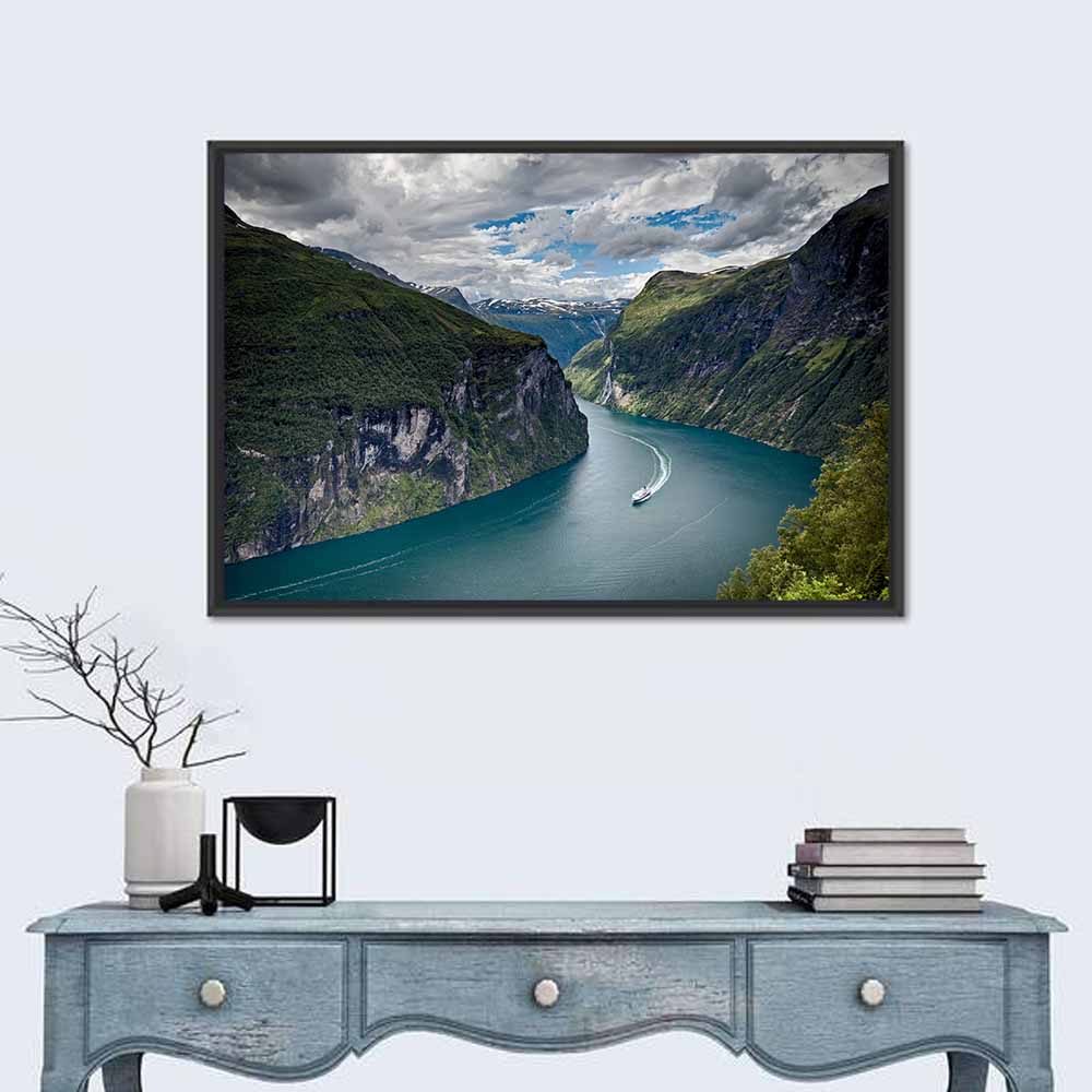 Geirangerfjord Boat Wake Wall Art in a room, landscape