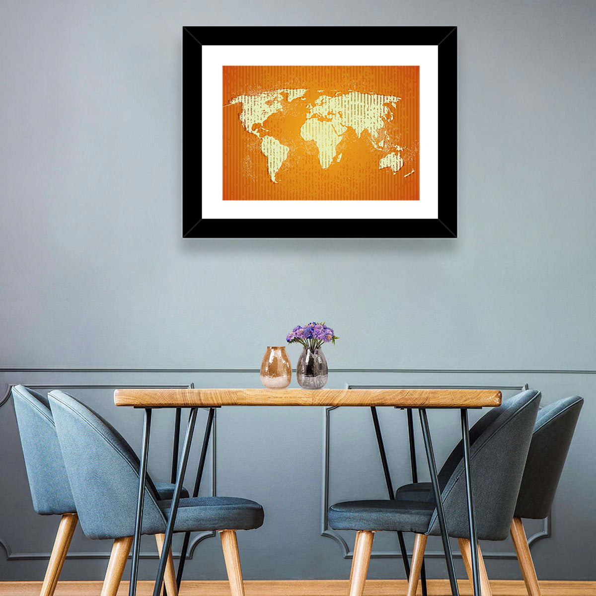 Vintage Orange World Map Wall Art in a room, landscape