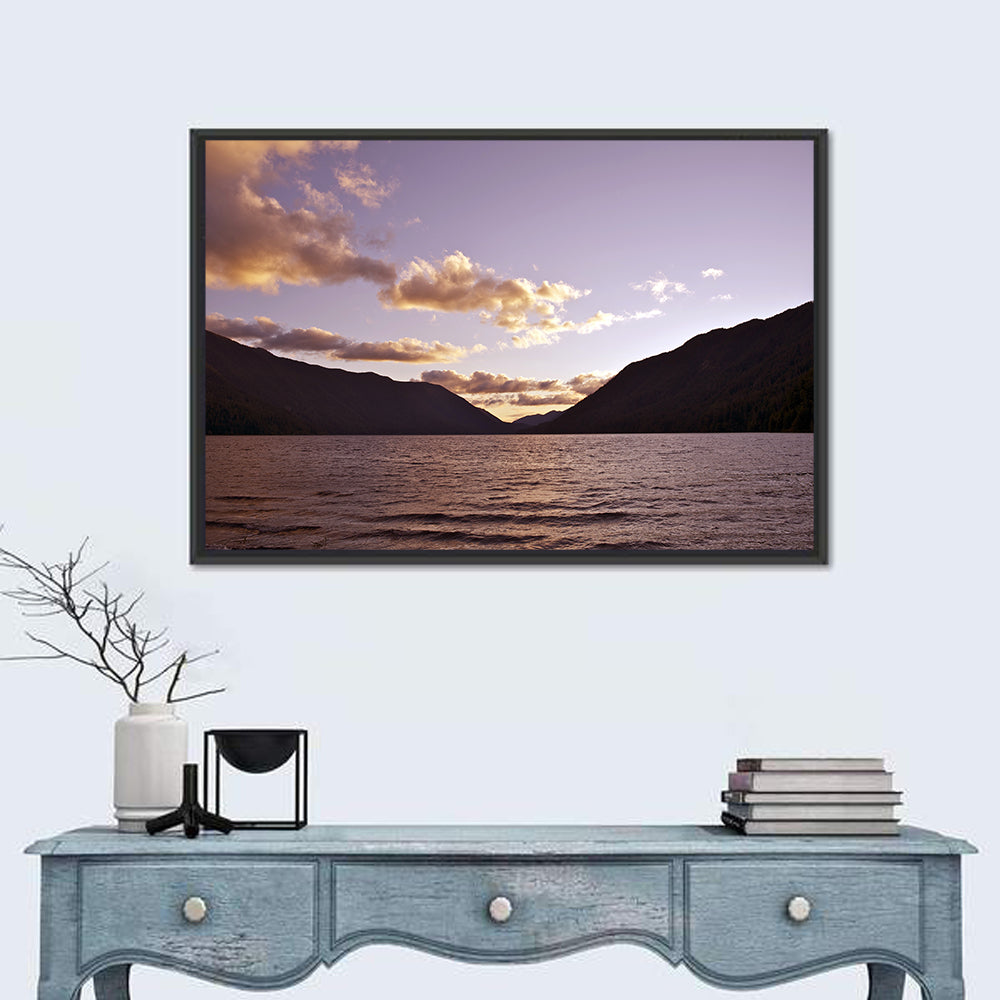 Purple Sunset Over Lake Crescent Wall Art in a room, landscape