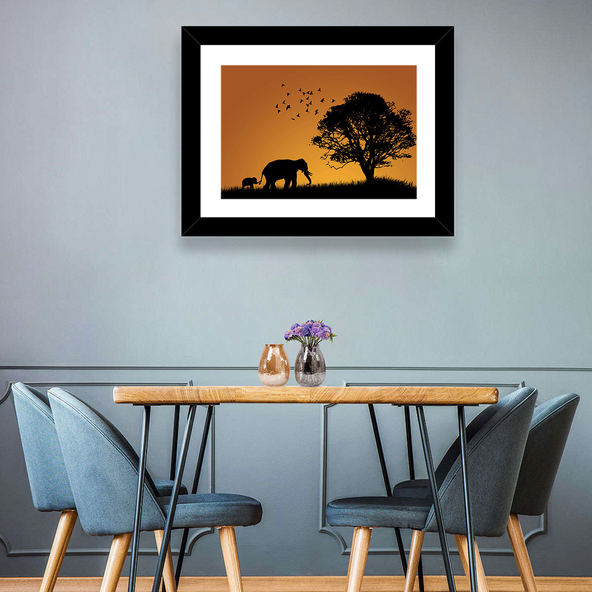 Elephant Family at Golden Sunset Wall Art in a room, landscape