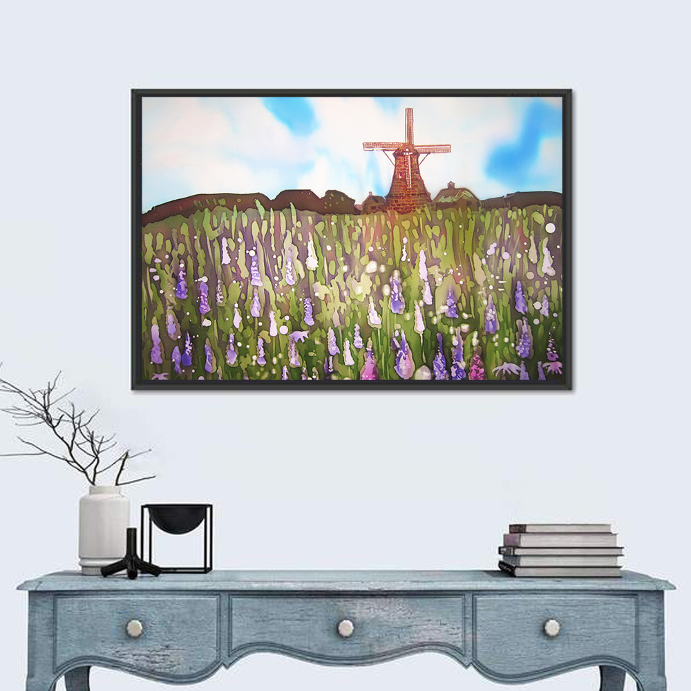 Ink Wash Windmill in Blooming Field Wall Art