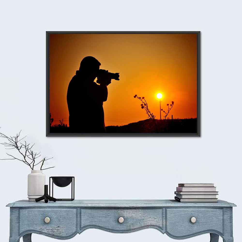 Golden Hour Photographer Silhouette Wall Art in a room, landscape