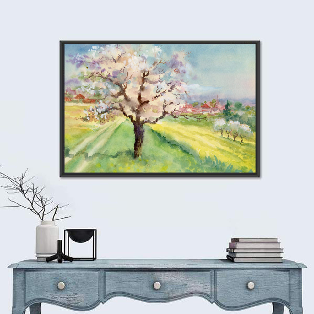 Spring Village Watercolor Wall Art in a room, landscape