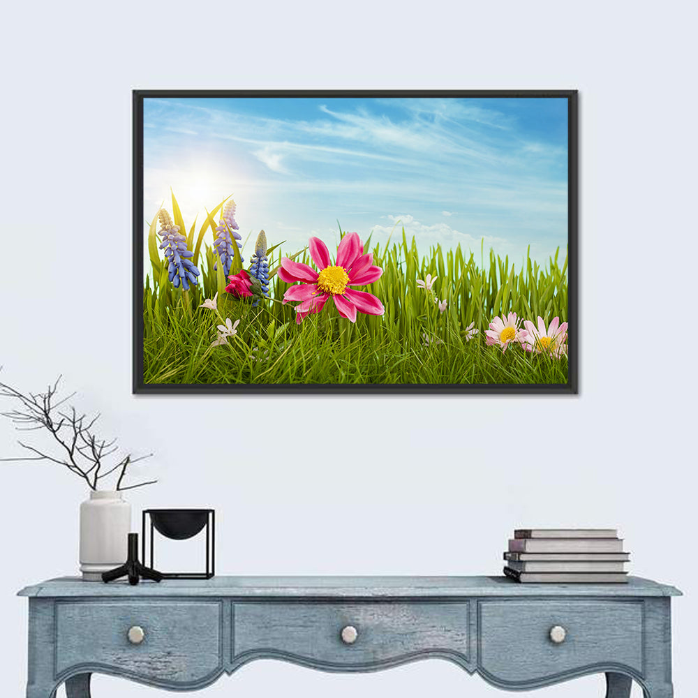 Pink Daisy and Blue Hyacinths in Spring Grass Wall Art in a room, landscape