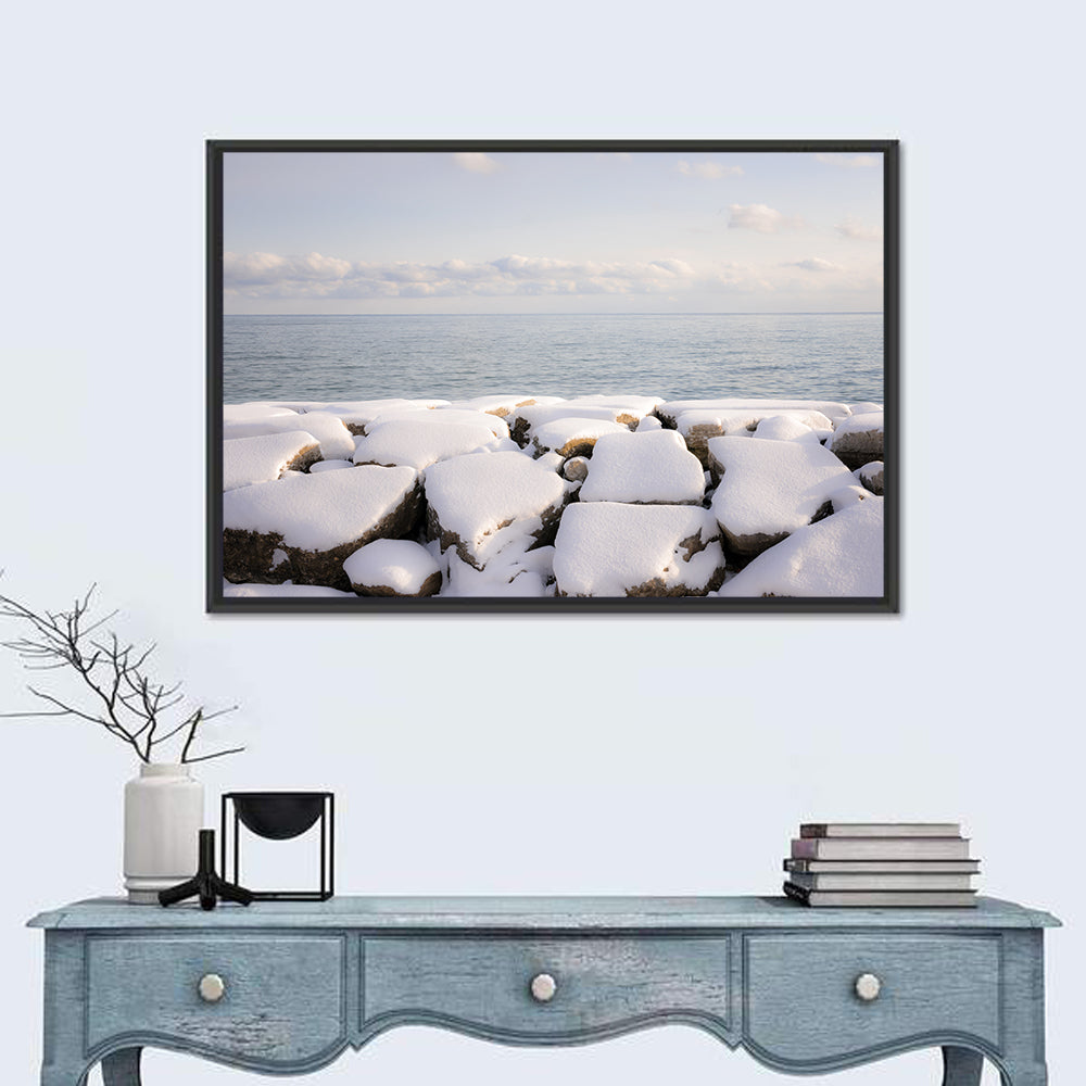 Lake Ontario Snowy Rocks Wall Art in a room, landscape