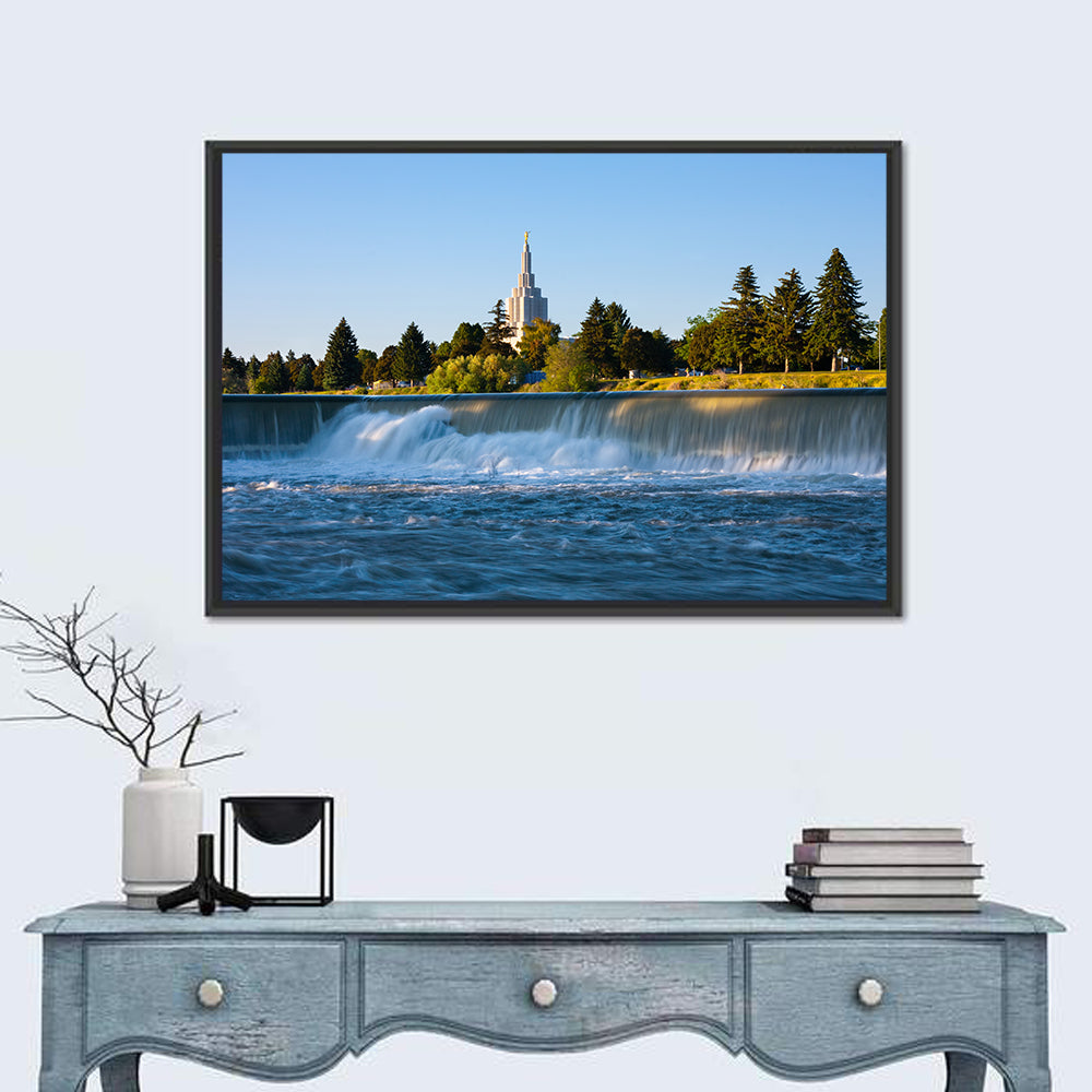 Idaho Falls Temple and Waterfall Wall Art in a room, landscape