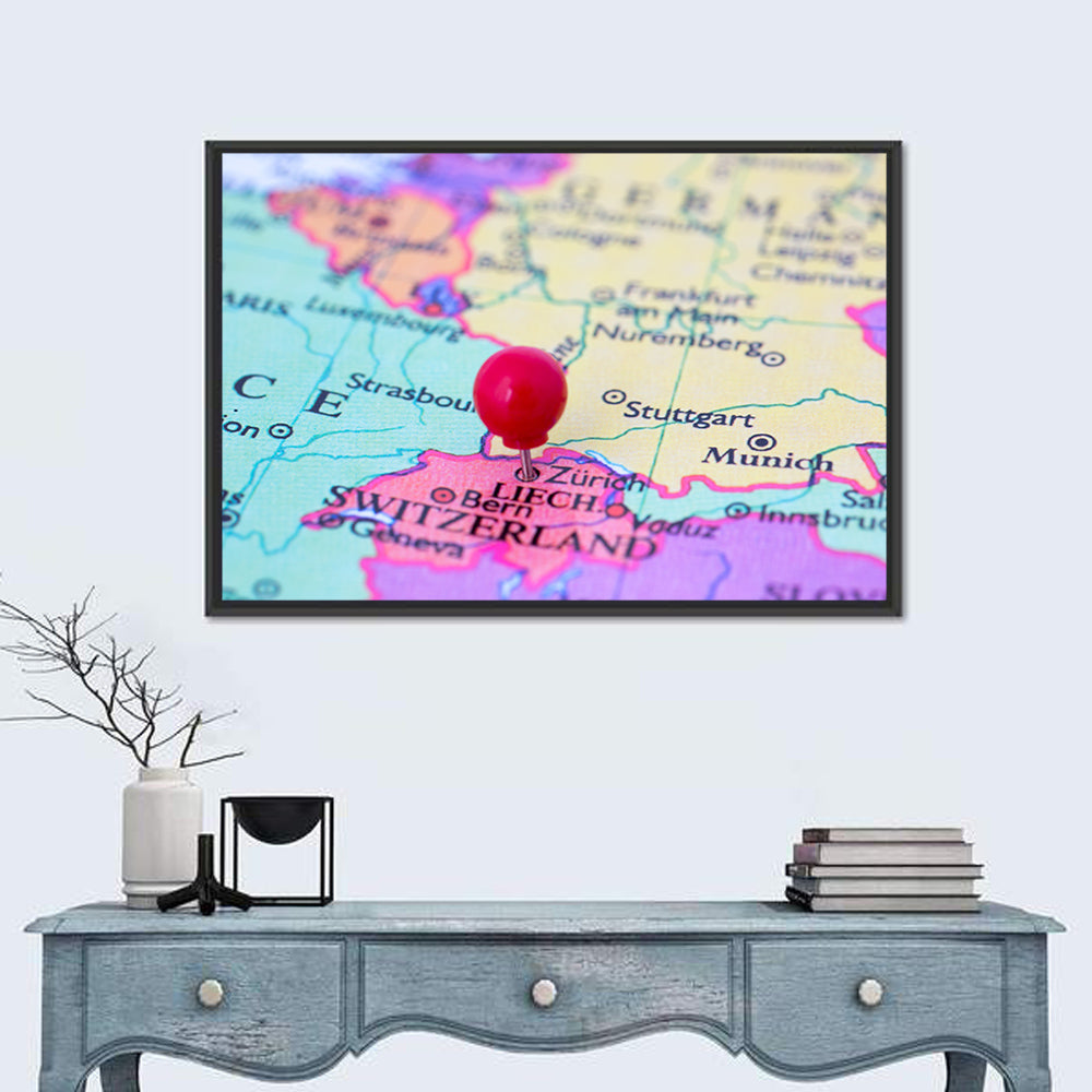 Zurich Map with Red Pin Wall Art in a room, landscape