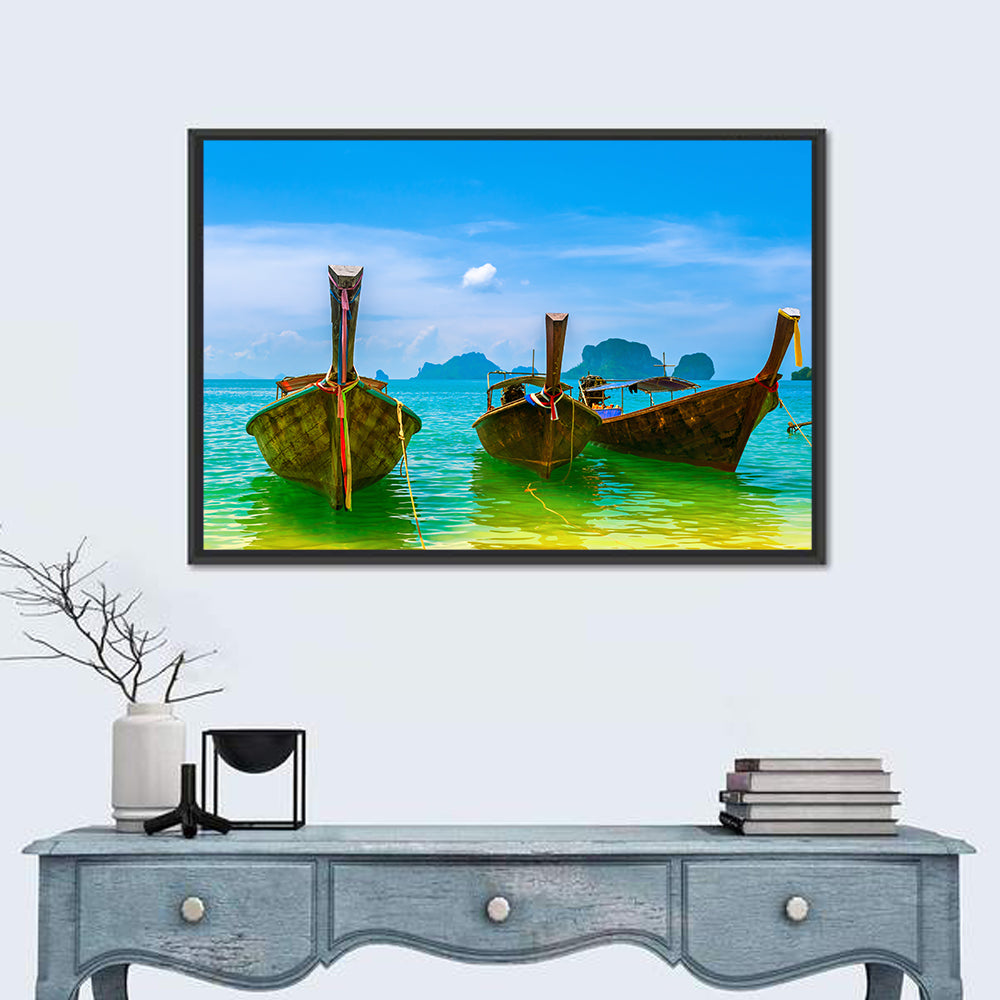 Three Long-tail Boats on Turquoise Water Wall Art in a room, landscape