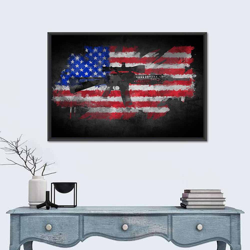 M16 Over Distressed American Flag Wall Art in a room, landscape