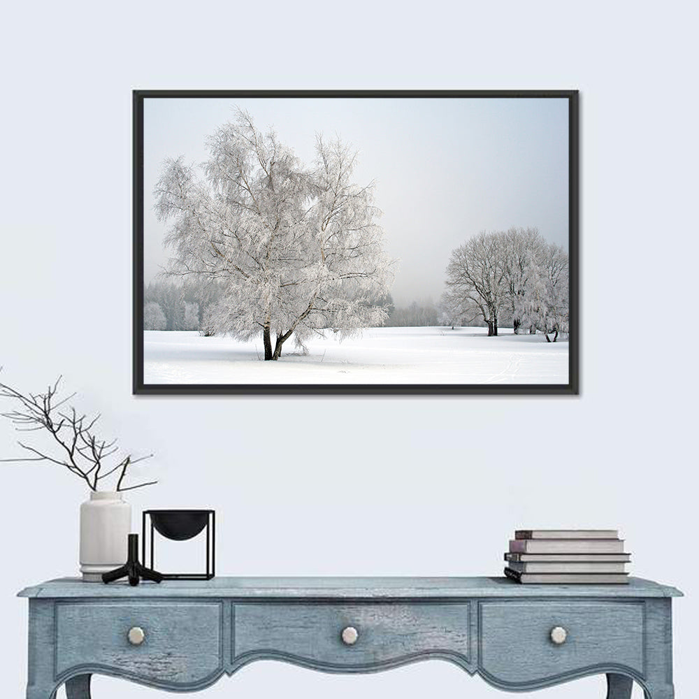 Frosted Birch Grove Wall Art in a room, landscape