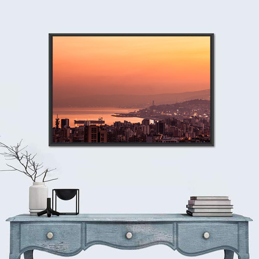 Beirut Sunset Skyline Wall Art in a room, landscape
