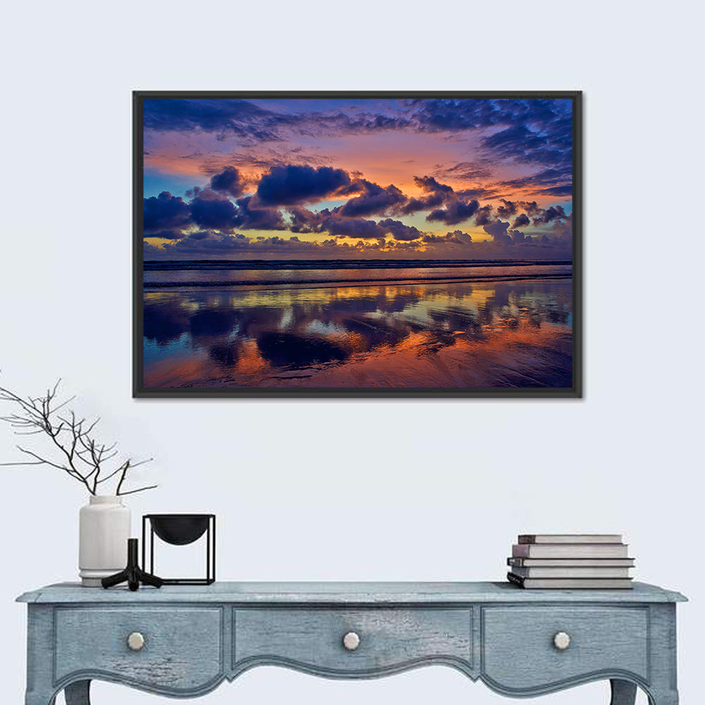Dusk Beach Reflections Wall Art in a room, landscape