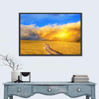 Sunlit Meadow Path with Dramatic Clouds Wall Art