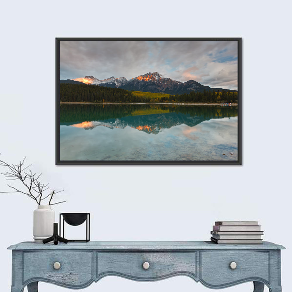 Patricia Lake Golden Hour Reflection Wall Art in a room, landscape