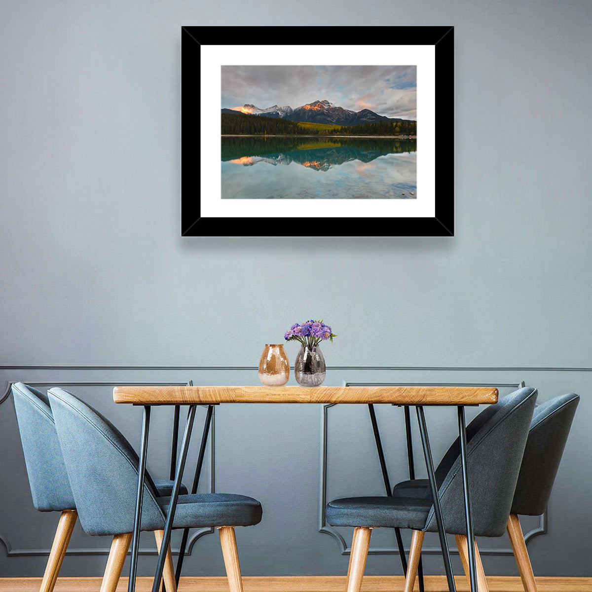 Patricia Lake Golden Hour Reflection Wall Art in a room, landscape