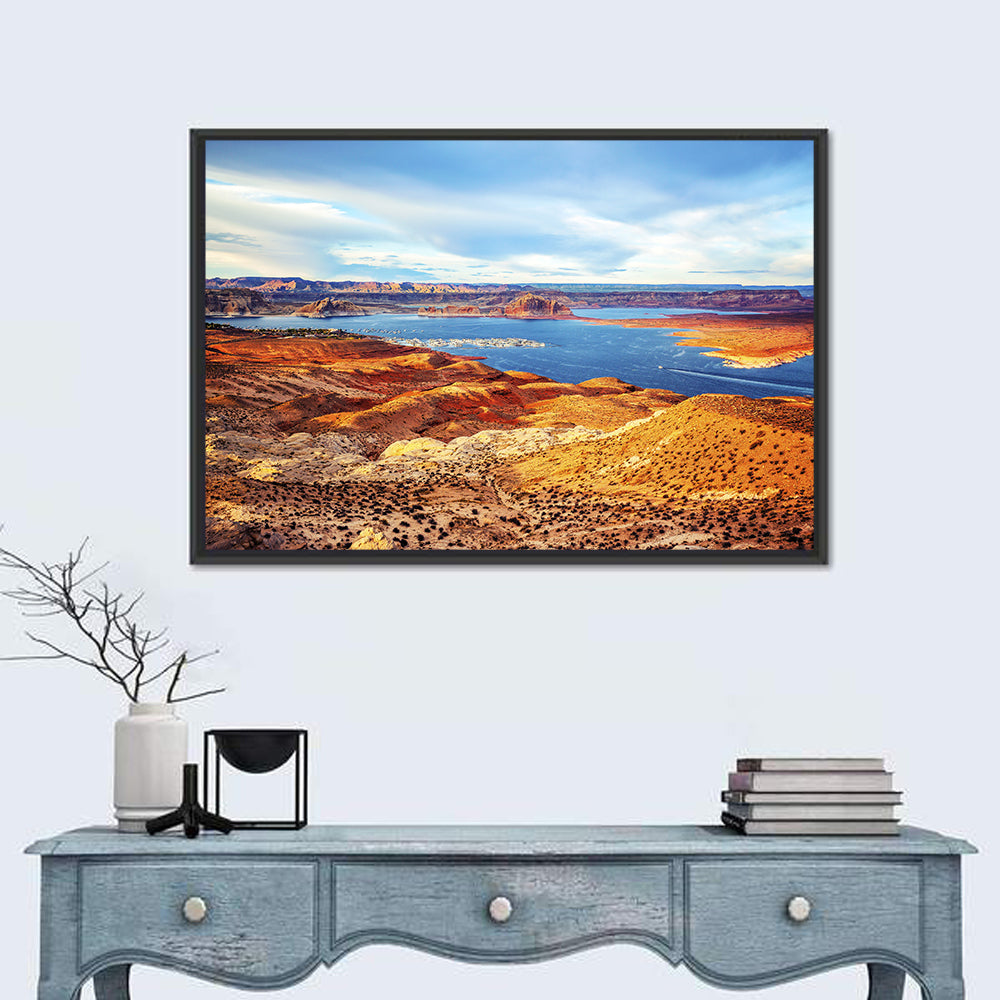Lake Powell Marina Panorama Wall Art in a room, landscape