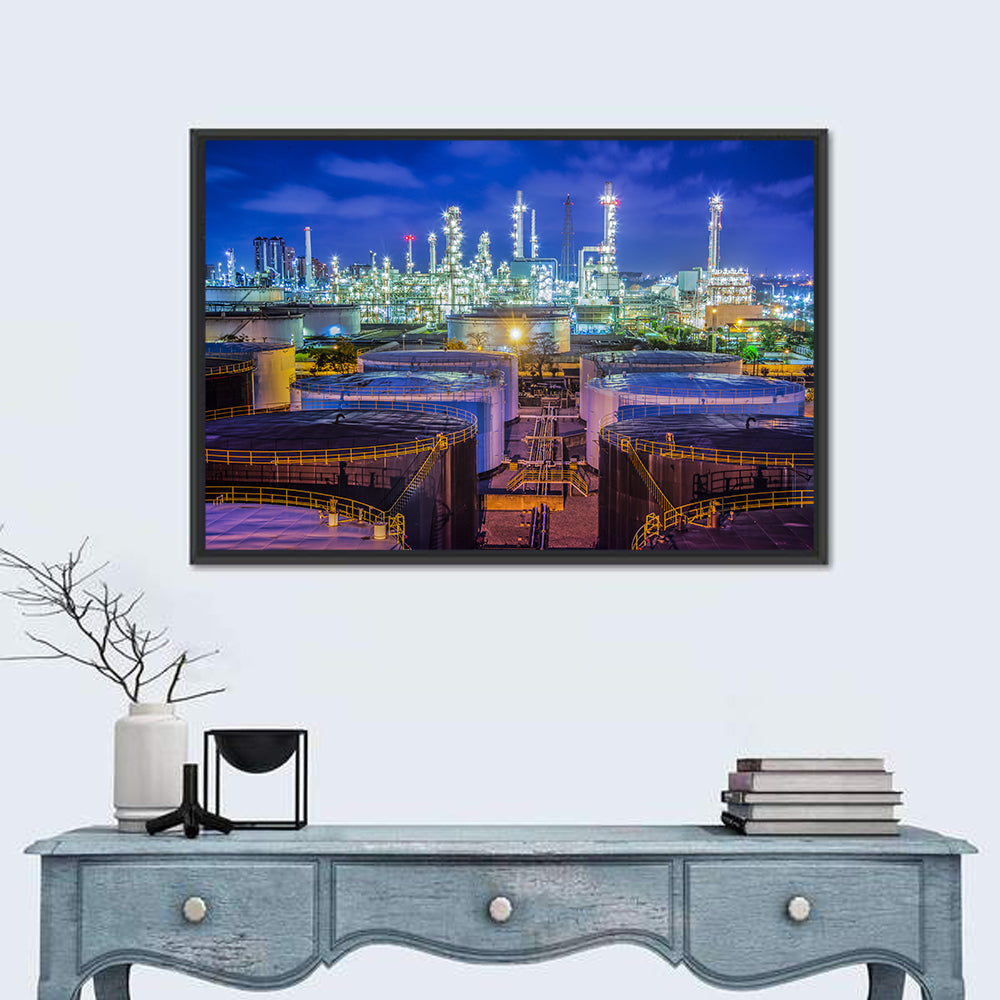 Illuminated Oil Refinery at Twilight Wall Art in a room, landscape