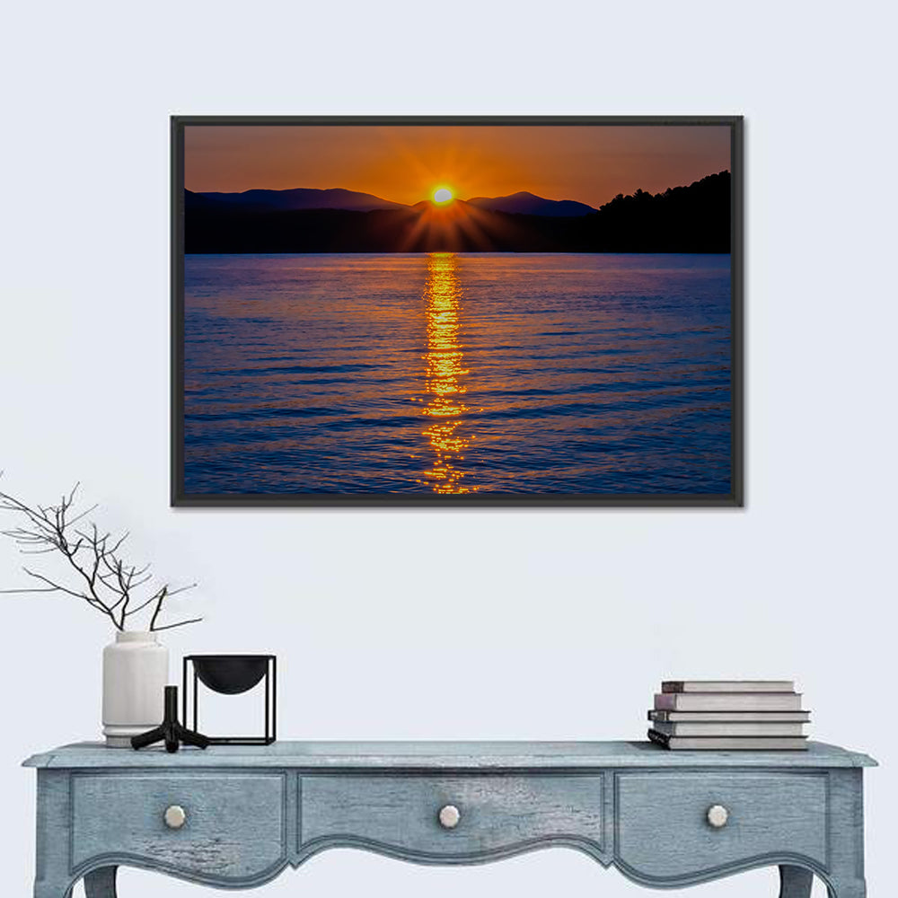 Lake Jocassee Golden Sunrise Wall Art in a room, landscape