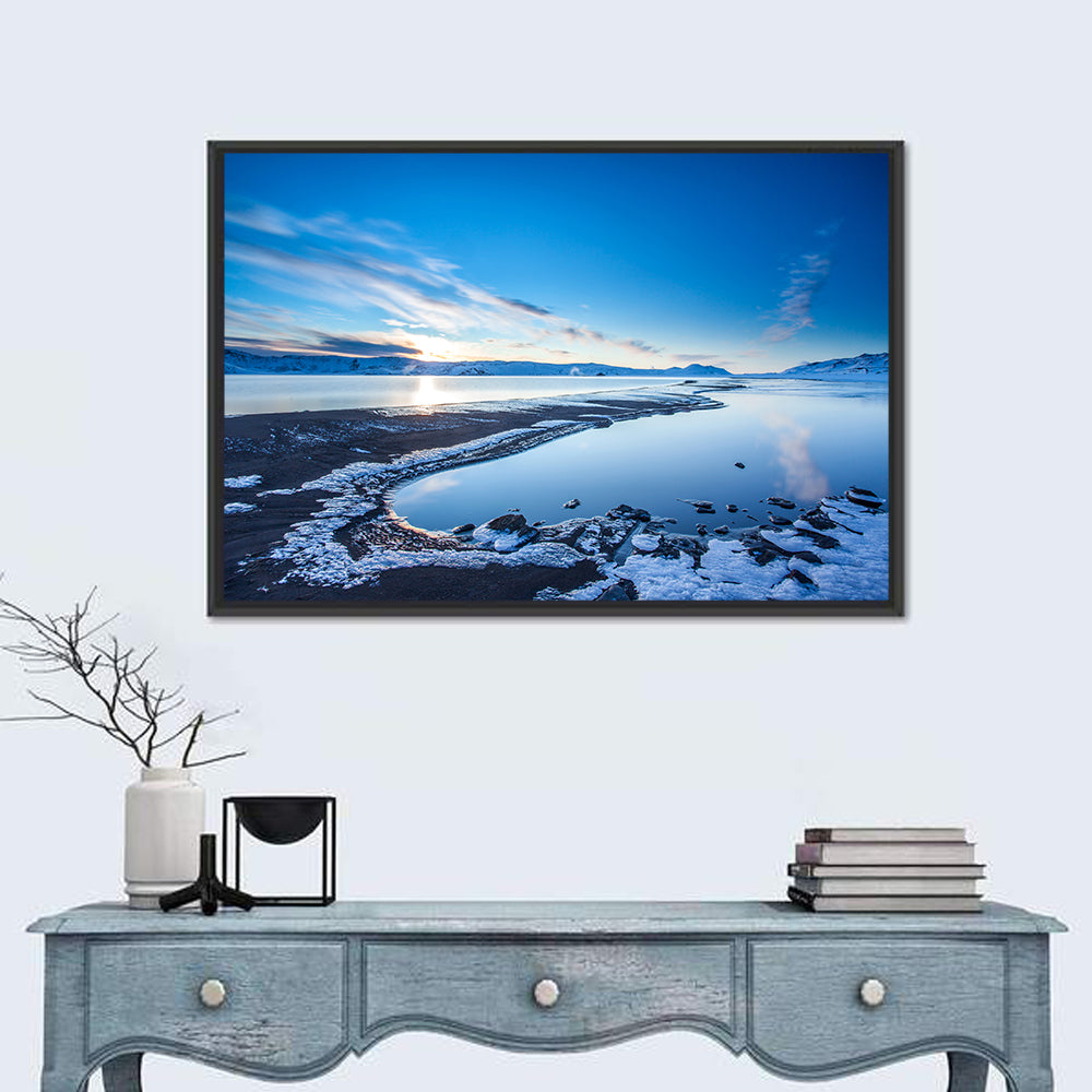 Lake Kleifarvatn Icy Shoreline Wall Art in a room, landscape