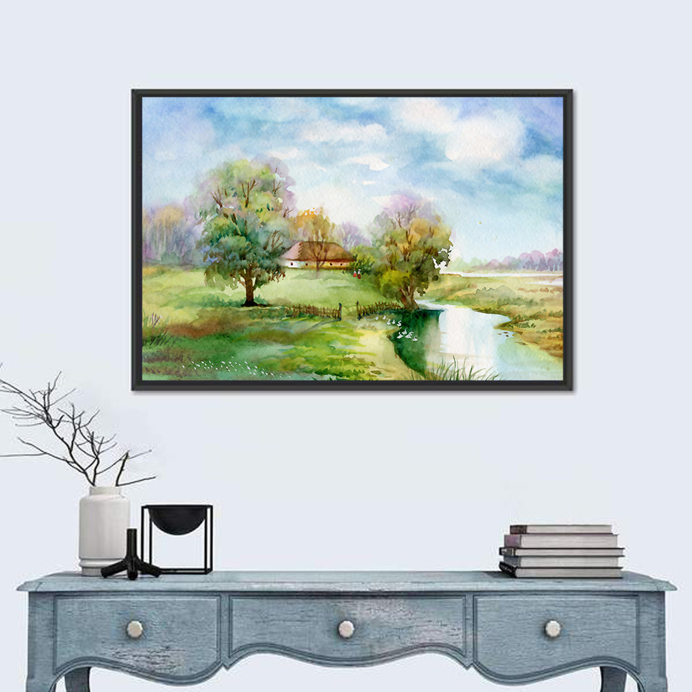 Spring Cottage by the Stream Wall Art in a room, landscape