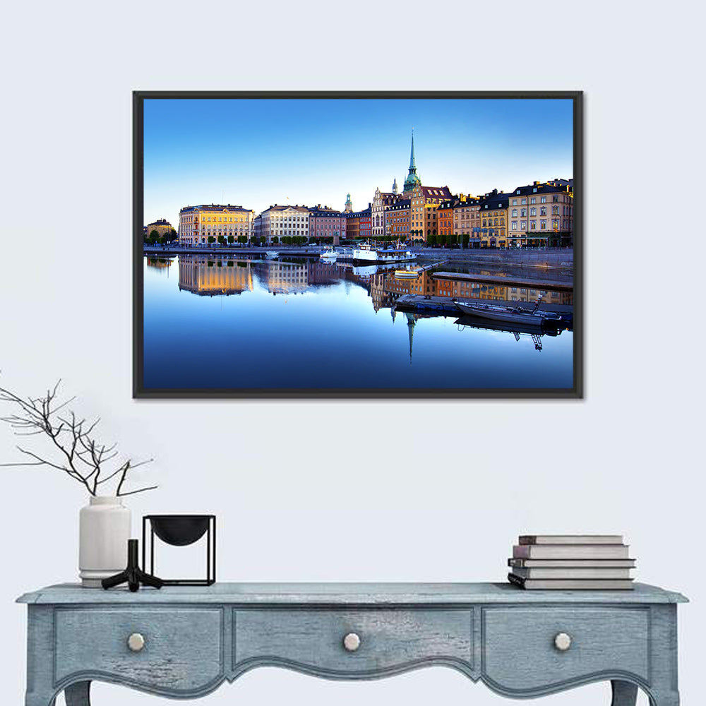 Gamla Stan Stockholm Skyline Wall Art in a room, landscape