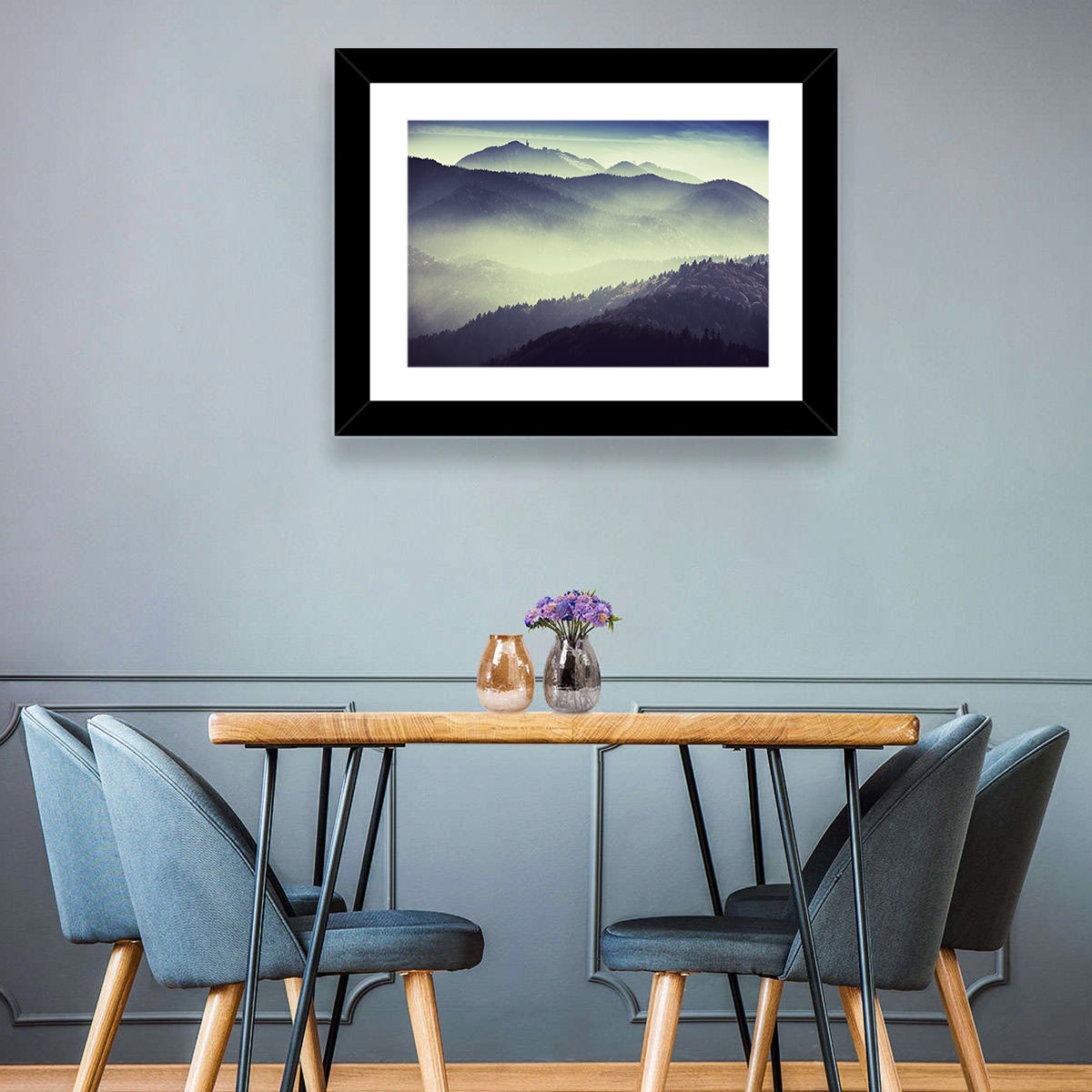 Foggy Forest Valley Wall Art in a room, landscape