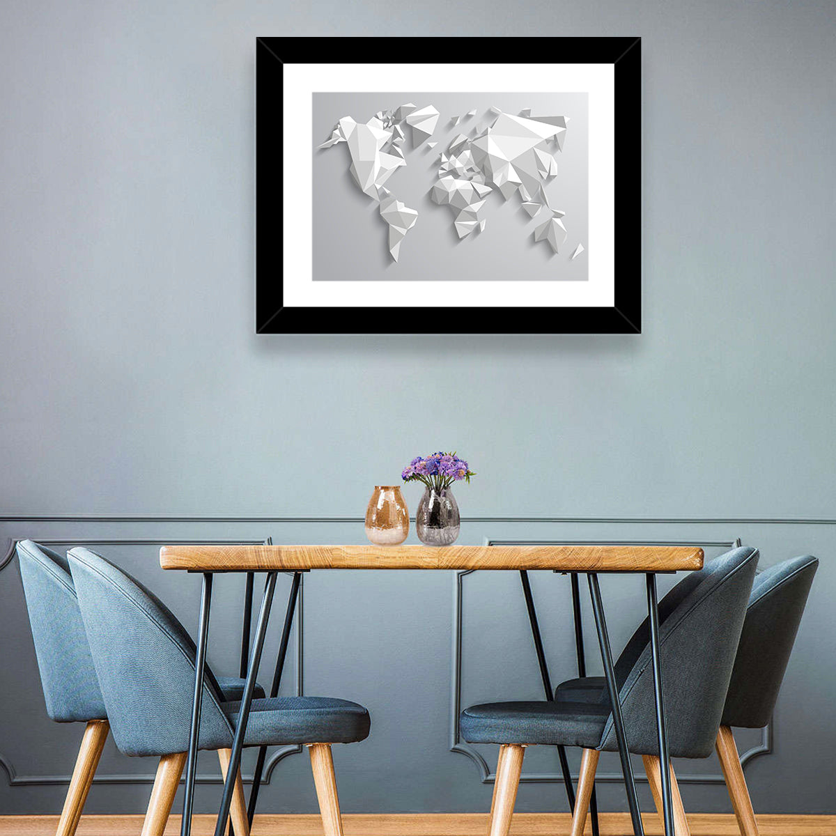Faceted Triangular World Map Wall Art in a room, landscape