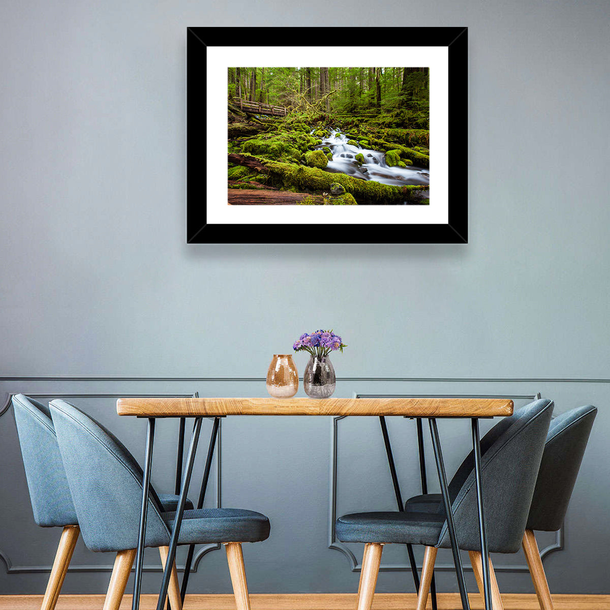 Mossy Cascade Forest Stream Wall Art in a room, landscape