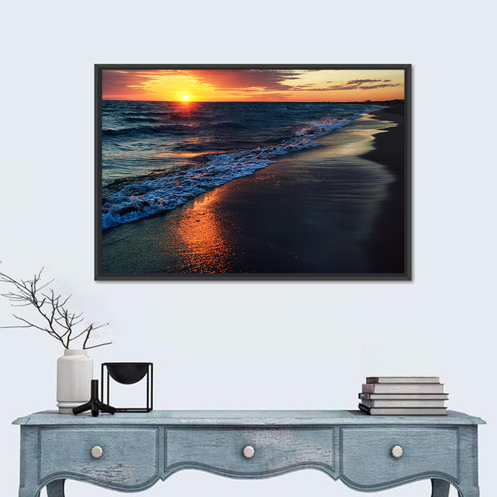 Lake Balkhash Golden Dusk Wall Art in a room, landscape