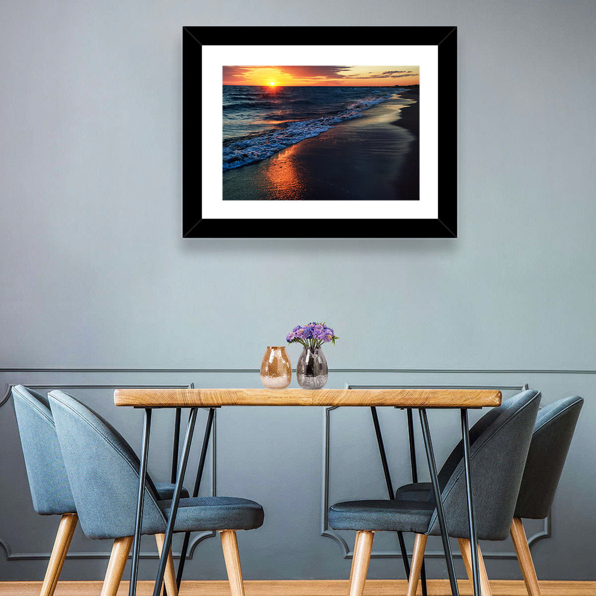 Lake Balkhash Golden Dusk Wall Art in a room, landscape