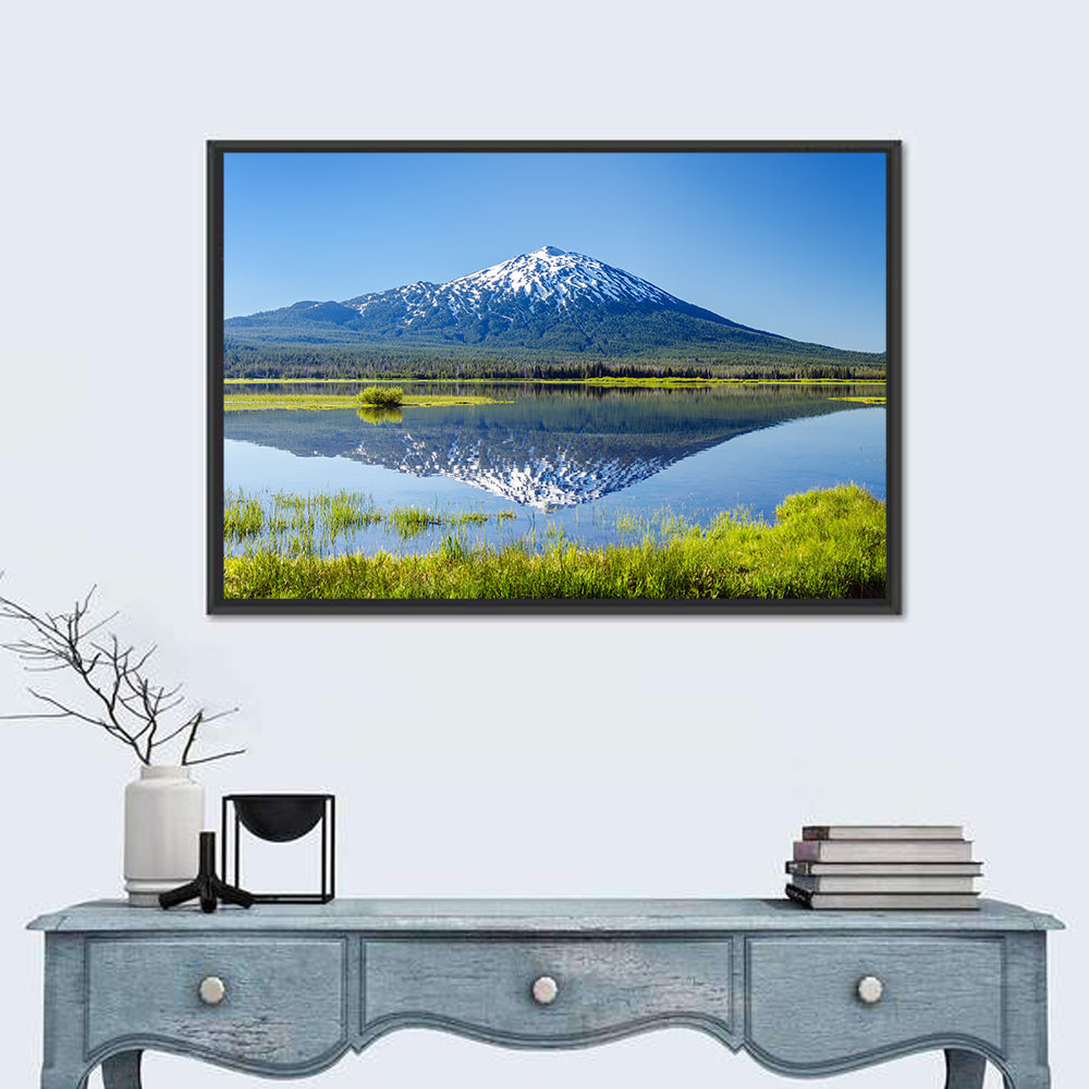 Mount Bachelor Lake Reflection Wall Art in a room, landscape