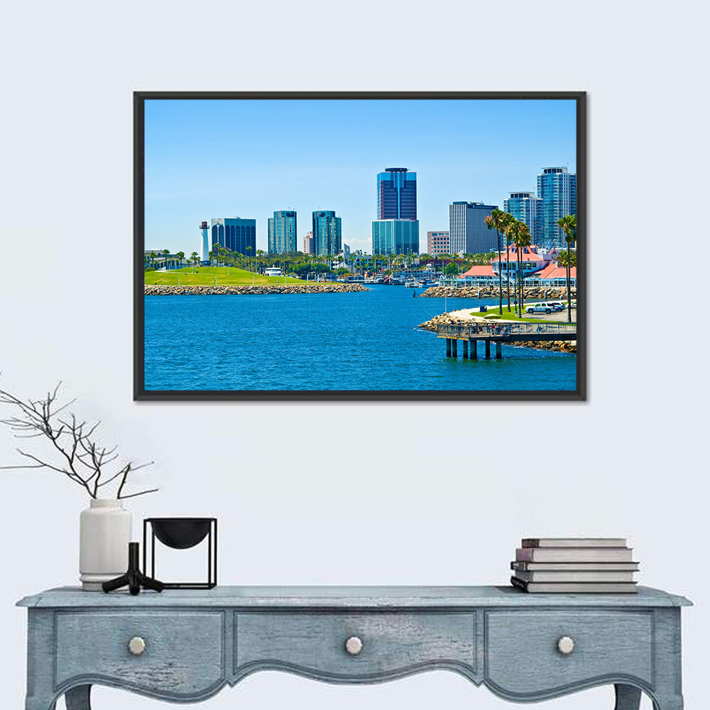 Long Beach Rainbow Harbor Skyline Wall Art in a room, landscape