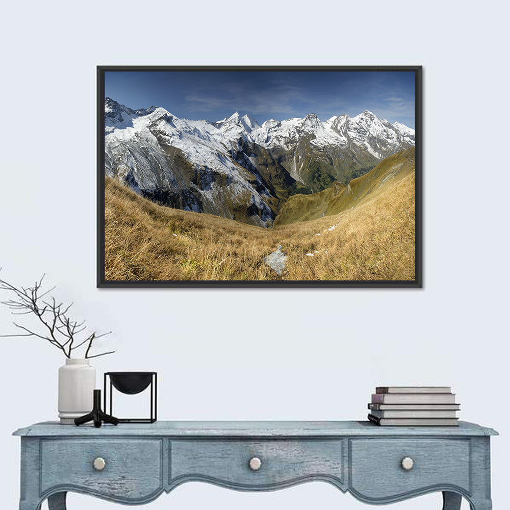 Crisp Alpine Valley with Snow-capped Peaks Wall Art