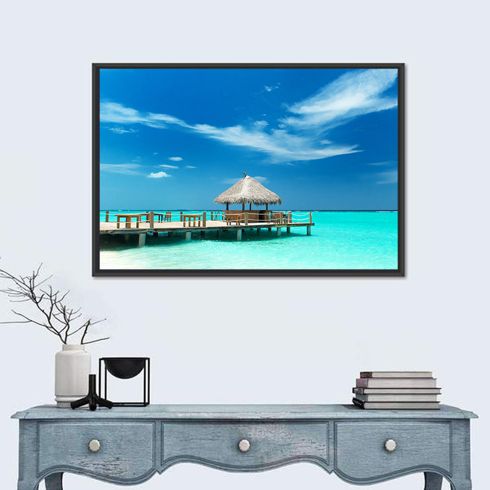 Thatched Beach Bar Pier Wall Art in a room, landscape