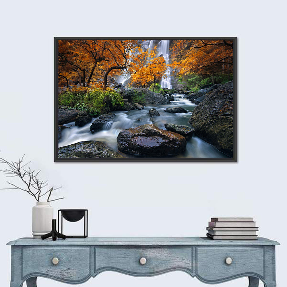 Konglan Autumn Waterfall Wall Art in a room, landscape