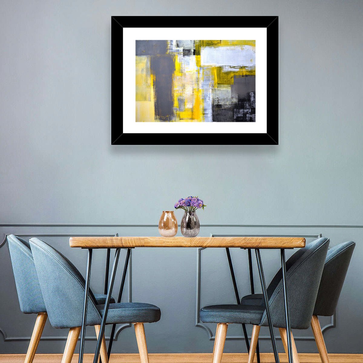 Yellow and Gray Color Block Abstract Wall Art in a room, landscape