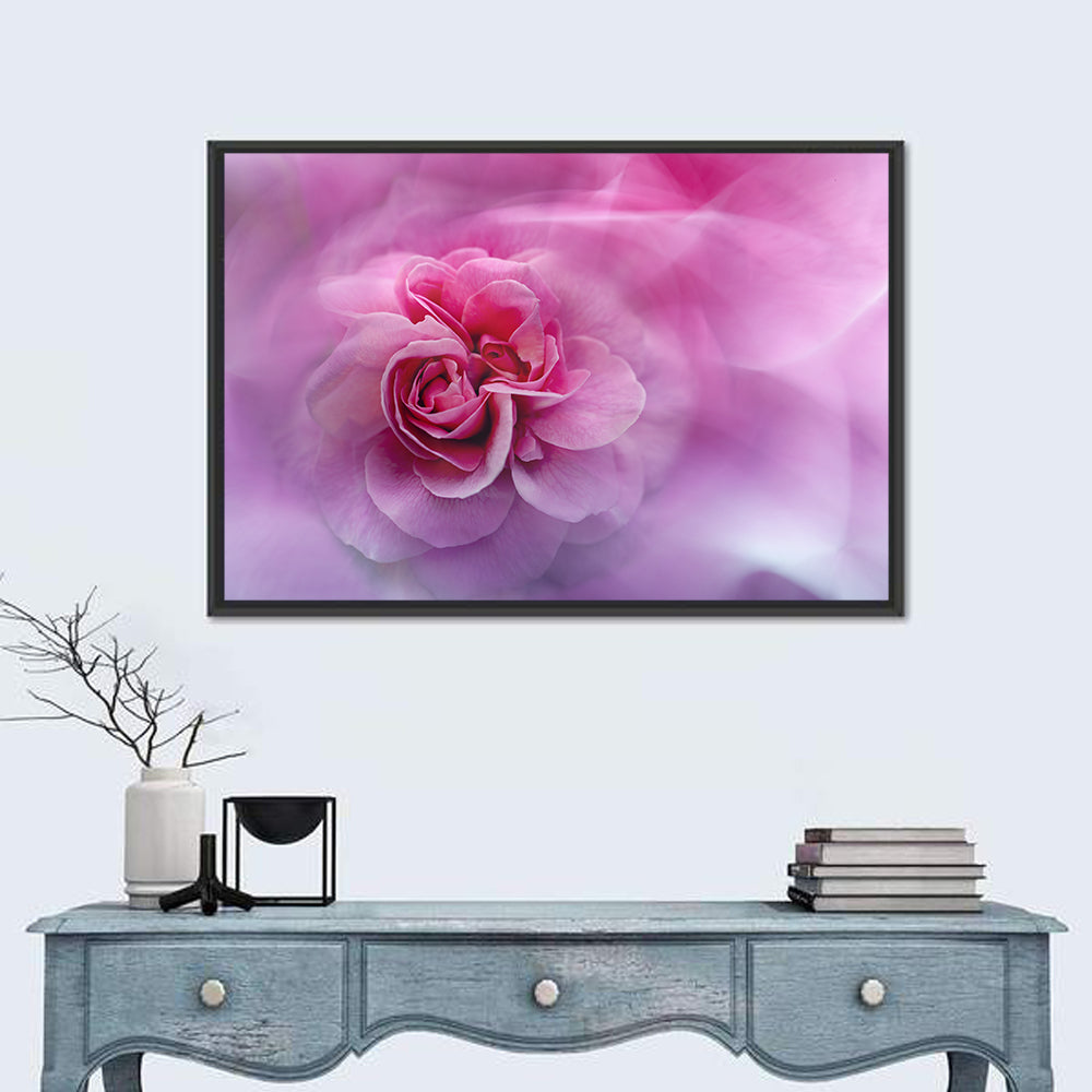Ethereal Pink Rose Bloom Wall Art in a room, landscape