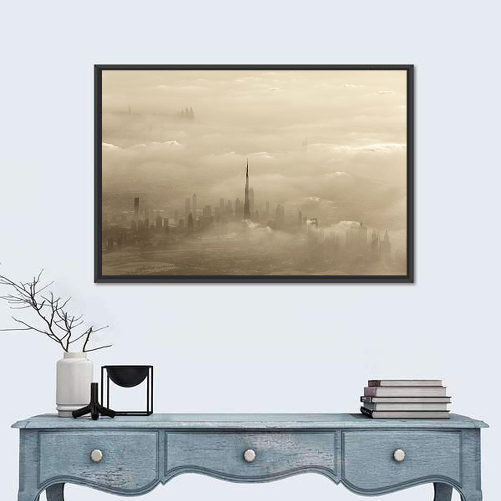 Dubai Haze Over Burj Khalifa Wall Art in a room, landscape