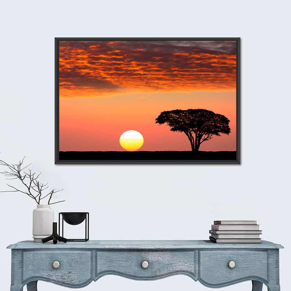 Serengeti Sunset Silhouette Wall Art in a room, landscape