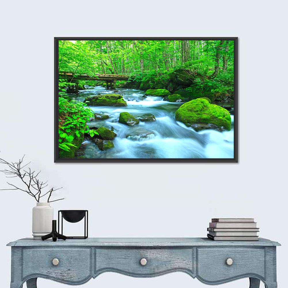 Mossy Forest Stream Wall Art in a room, landscape