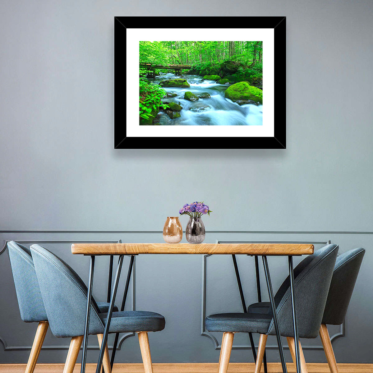 Mossy Forest Stream Wall Art in a room, landscape