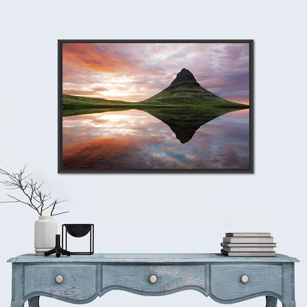 Kirkjufell Sunset Reflection Wall Art in a room, landscape