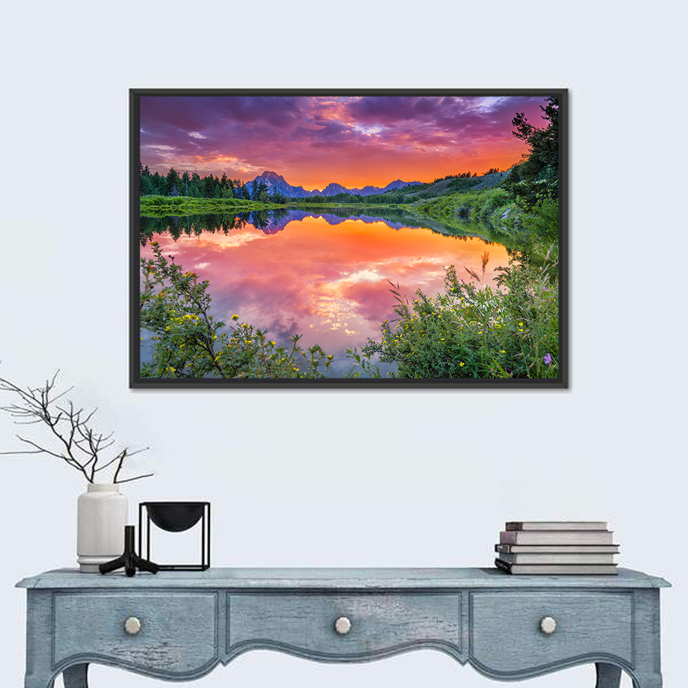 Oxbow Bend Sunset Wall Art in a room, landscape