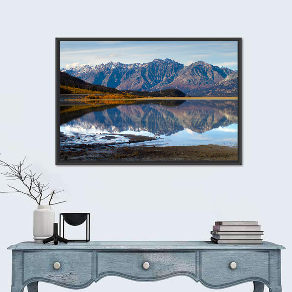 Kluane Lake Autumn Reflection Wall Art in a room, landscape