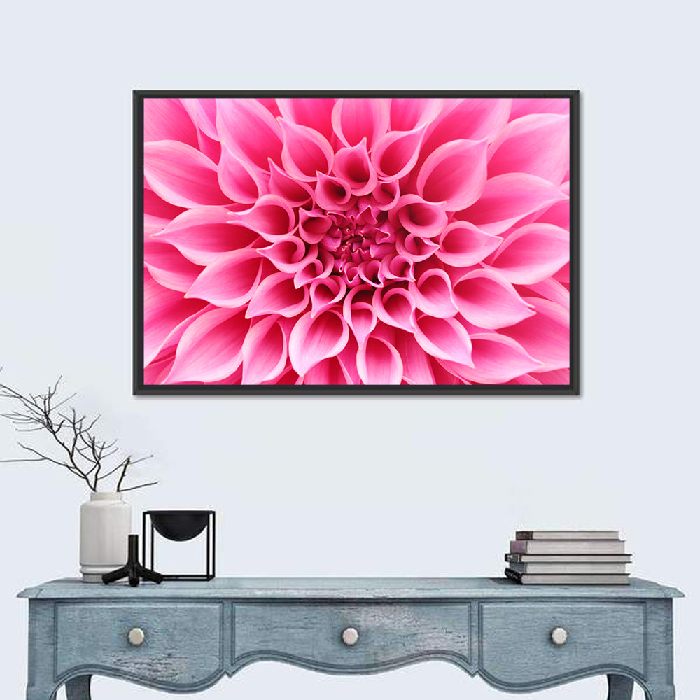 Pink Dahlia Spiral Close-up Wall Art in a room, landscape