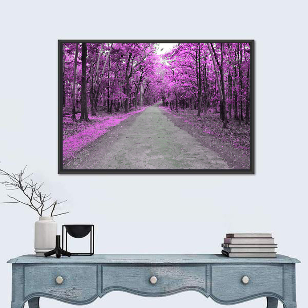 Magenta Autumn Forest Road Wall Art in a room, landscape